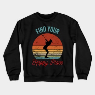 Find Your Happy Place - Female Golfer Silhouette Over a Retro Sunset Crewneck Sweatshirt